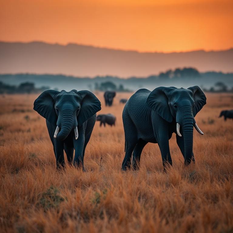 Elephants in Hwange National Park at dusk