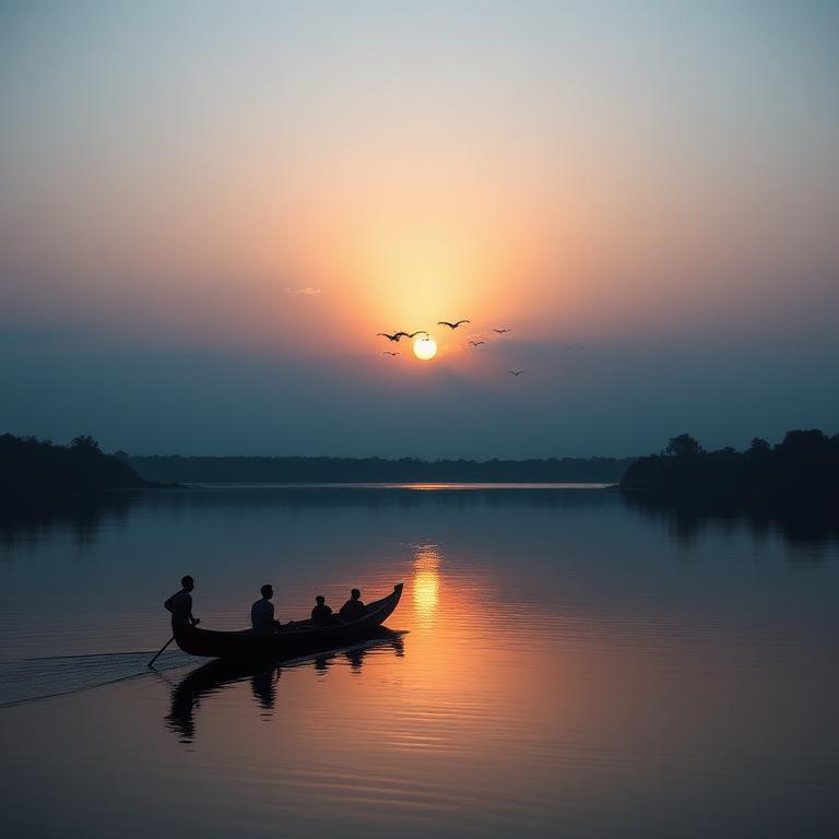 A canoe crossing the Zambezi at sunrise